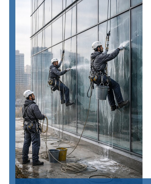 Промышленная мойка панорамных окон на высоте в Кемерово