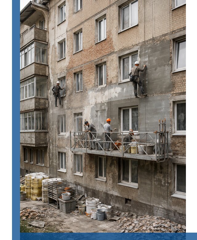 Капитальный ремонт фасада в Кемерово с восстановлением и гидроизоляцией