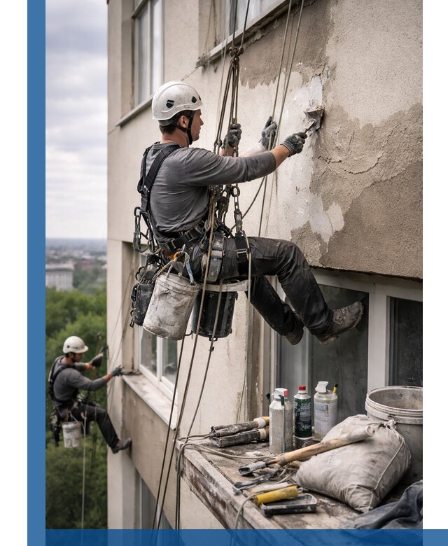 Косметический ремонт фасада зданий в Кемерово промышленными альпинистами