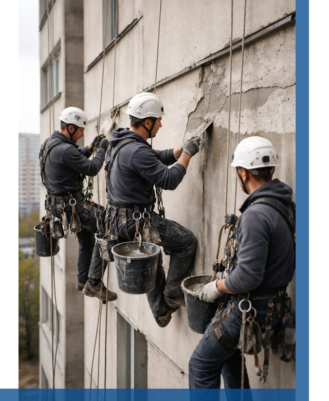 Ремонт бетонных элементов фасада в Кемерово от 2602 р. | ВЫСОТНИК-Кмр