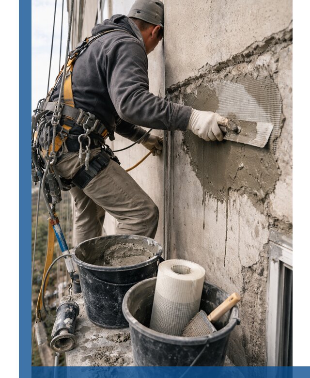 Ремонт бетонных элементов фасада промышленными альпинистами в Кемерово