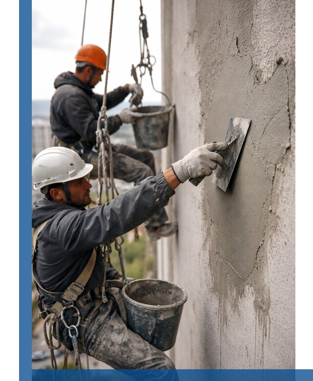 Штукатурка фасада на высоте в Кемерово профессиональные работы