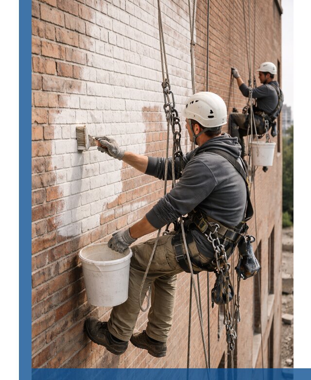 Покраска кирпичного фасада с доступным альпинистским сервисом в Кемерово