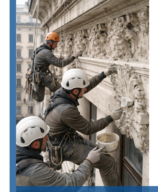 Реставрация фасадной лепнины с высотными работами в Кемерово