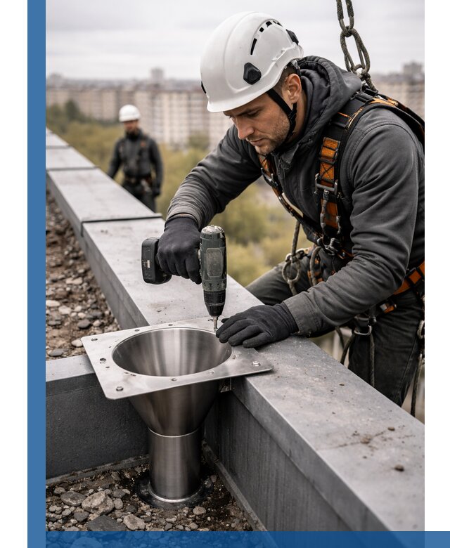 Монтаж водосточных воронок в Кемерово для промышленных зданий