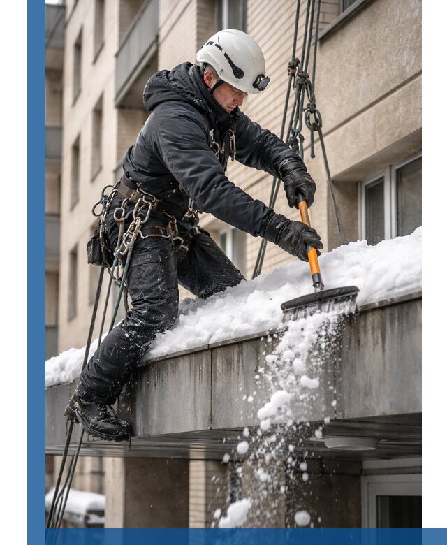 Очистка козырьков от снега в Кемерово круглогодично безопасно