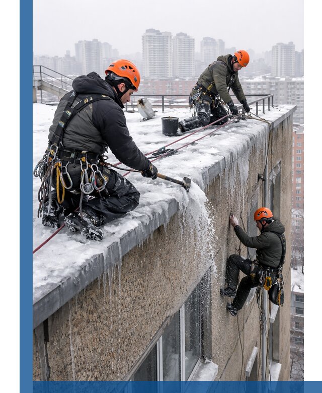 Удаление наледи с кровли в Кемерово промышленными альпинистами