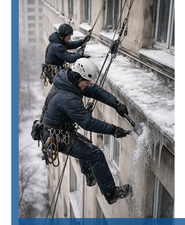 Удаление наледи и сосулек с карнизов в Кемерово профессионально