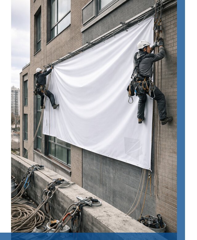 Монтаж баннеров на фасаде в Кемерово от 676 р. заказать ВЫСОТНИК-Кмр