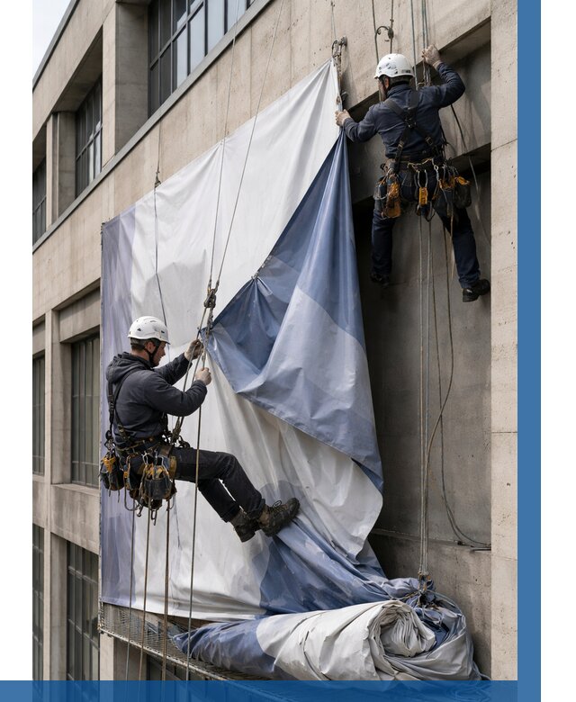 Демонтаж баннеров с фасада в Кемерово от 4683 р. | ВЫСОТНИК-Кмр