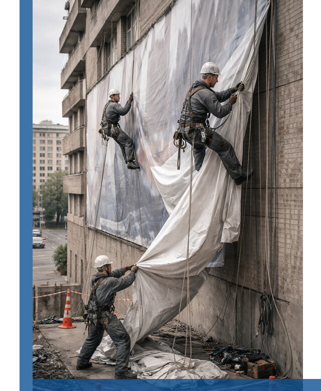 Демонтаж баннеров с фасада в Кемерово оперативно и безопасно