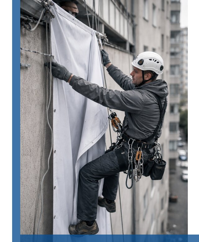 Замена баннерного полотна промышленными альпинистами в Кемерово