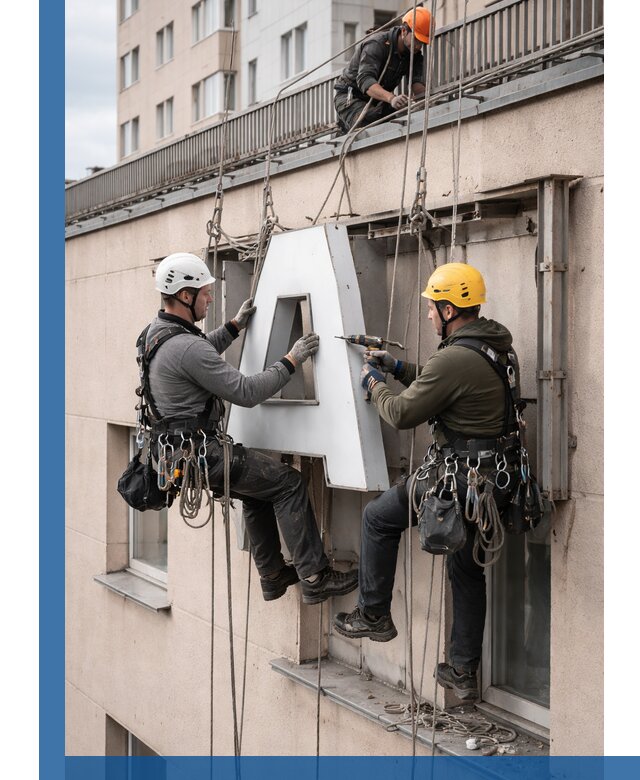 Ремонт и восстановление наружных вывесок на высоте в Кемерово