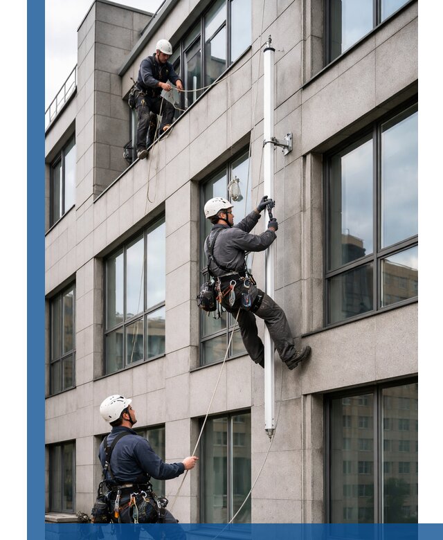 Монтаж флагштока на фасаде здания с креплением и герметикой в Кемерово
