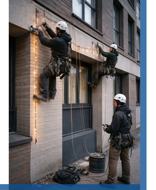 Монтаж гирлянд на фасаде в Кемерово от 3642 р. | ВЫСОТНИК-Кмр