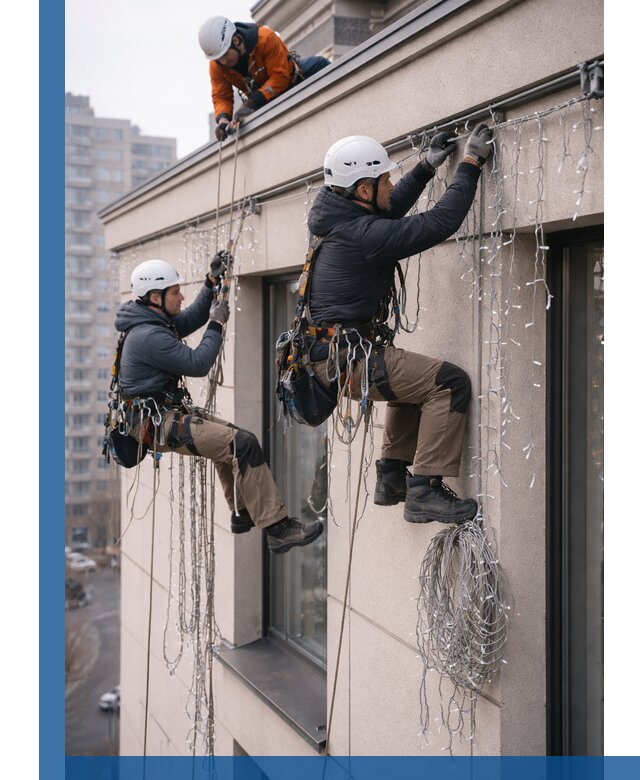 Монтаж праздничных гирлянд на фасаде в Кемерово для зданий