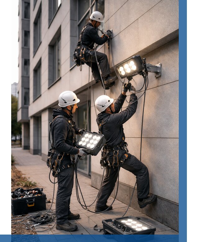 Монтаж прожекторов на фасаде в Кемерово от 7805 р. | ВЫСОТНИК-Кмр