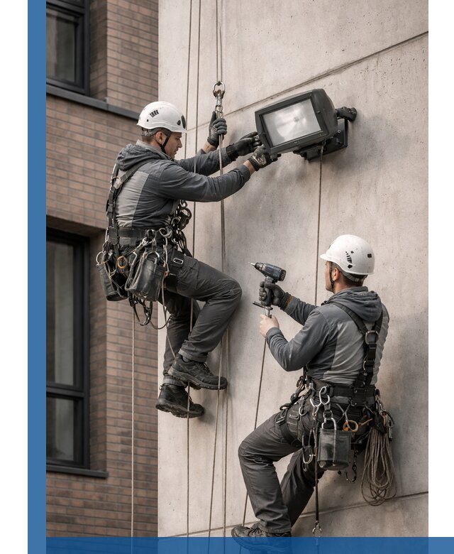 Профессиональный монтаж фасадных прожекторов в Кемерово под ключ