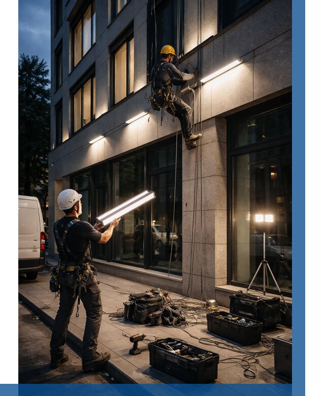 Монтаж архитектурной подсветки здания в Кемерово от 2602 р.|ВЫСОТНИК-Кмр