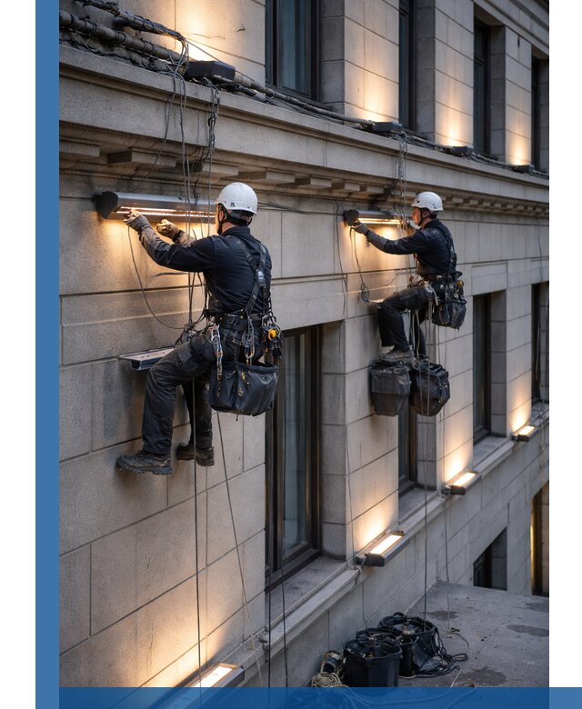 Монтаж архитектурной подсветки фасадов зданий в Кемерово