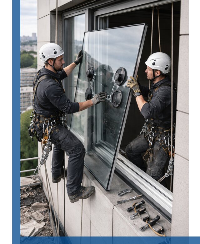 Замена стеклопакетов на высоте с промышленными альпинистами в Кемерово