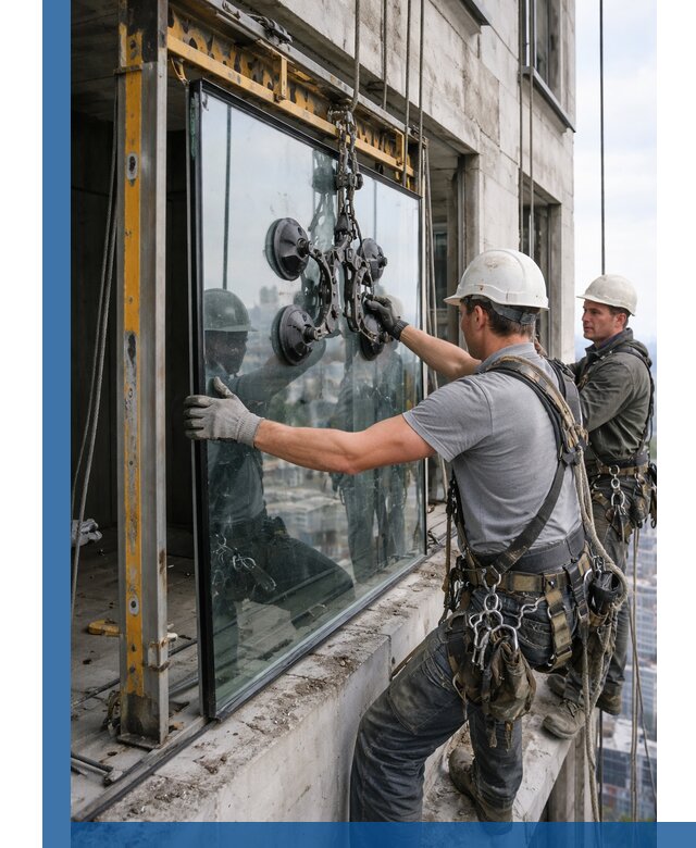 Монтаж стеклопакетов на высоте в Кемерово с промышленным альпинизмом