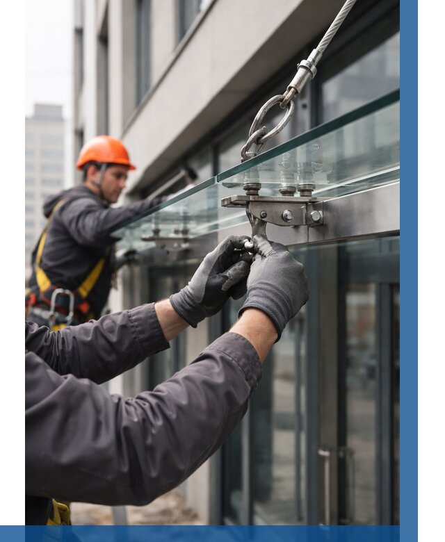 Монтаж стеклянных козырьков в Кемерово от 8845 р. | ВЫСОТНИК-Кмр