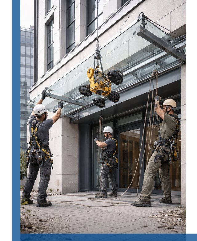 Монтаж стеклянных козырьков под ключ в Кемерово для зданий