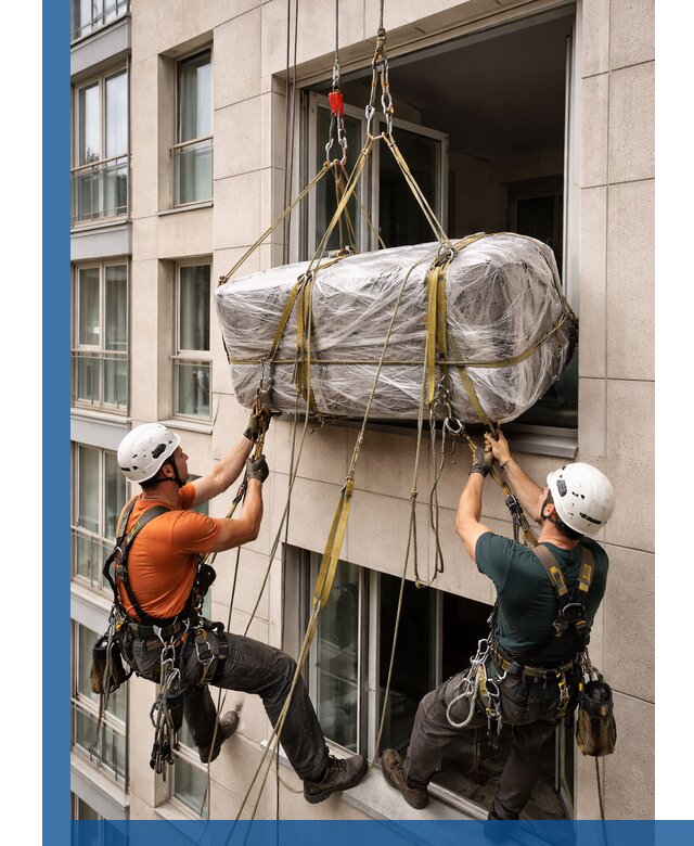 Подъем грузов через окно в Кемерово промышленными альпинистами