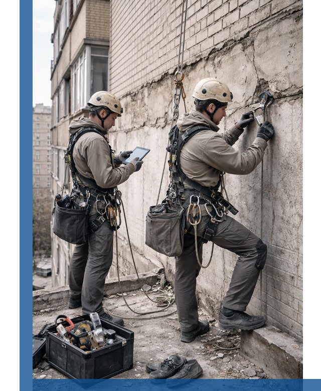 Обследование фасада промышленными альпинистами в Кемерово